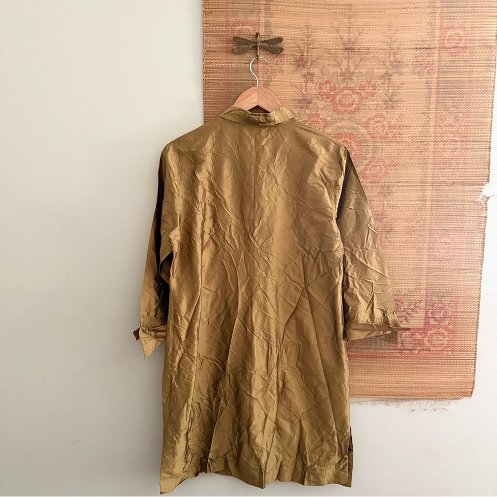 Vintage Unlined Olive Gold Silk Crinkle Button Down Shirt Dress Medium - Picture 7 of 7